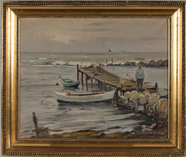 Einar Gross: Coastal section with a figure on a boat bridge