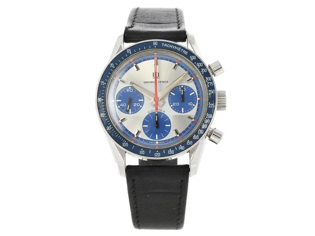UNIVERSAL, Geneve, Compax, s.k. "Exotic Nina Rindt Blue", "Tachymètre", Cal Valjoux 72 (TJ), Serie nr. 2´892´930, Boett nr. 885107 (HF), kronograf, armbandsur, 36 mm, stål, manuell, plexiglas (original), läderband, originalspänne, ca 1971.