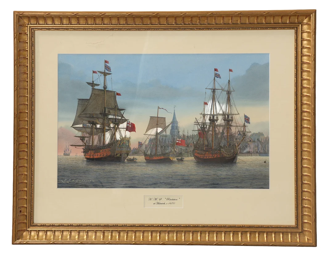 FRANK JOSEPH HENRY GARDINER (BRITISH, BORN 1942) H.M.S RESOLUTION AT HARWICH 1670. — Paintings — Bishop & Miller