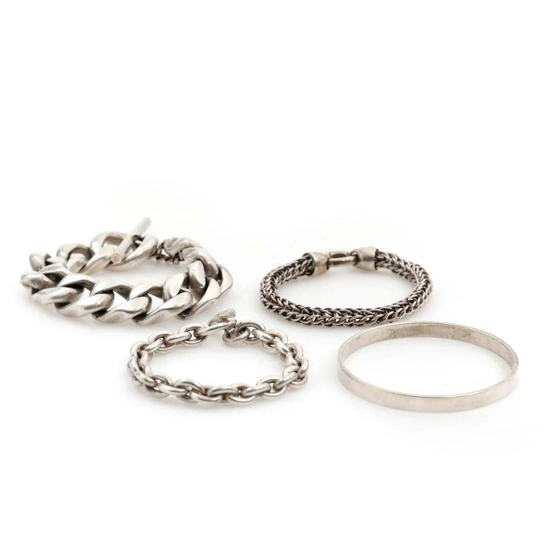 A collection of sterling silver bracelets comprising three bracelets and one bangle. Combined weight app. 230 g. L. 20–23 cm. Diam. 6.5. (4) — Jewellery/Bracelets — Bruun Rasmussen