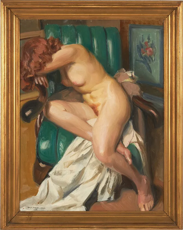 GUSTAF MAGNUSSON. (1890-1957): Sittande modell, nakenstudie, signerad och daterad Gust Magnusson 1932, olja på pannå.