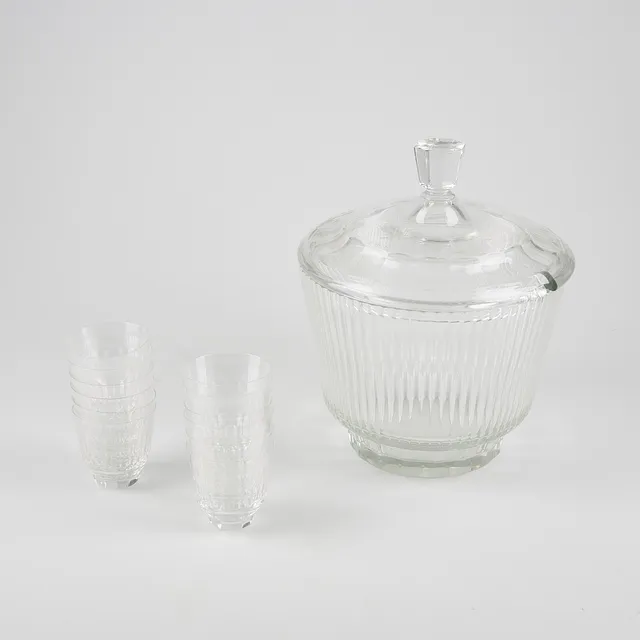 GÖRAN HONGELL. BÅLSKÅL OCH 12 ST GLAS, modell 4100 och 4050, Karhula glasbruk ca 1947.