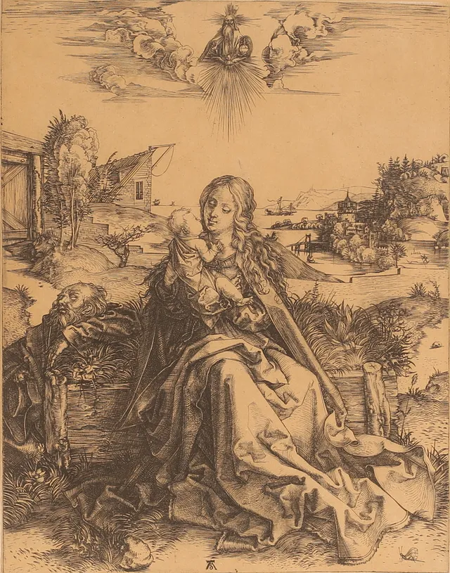 ALBRECHT DÜRER. Efter, gravyr, "The Holy Family with the Dragonfly", monogramsignerad i trycket.