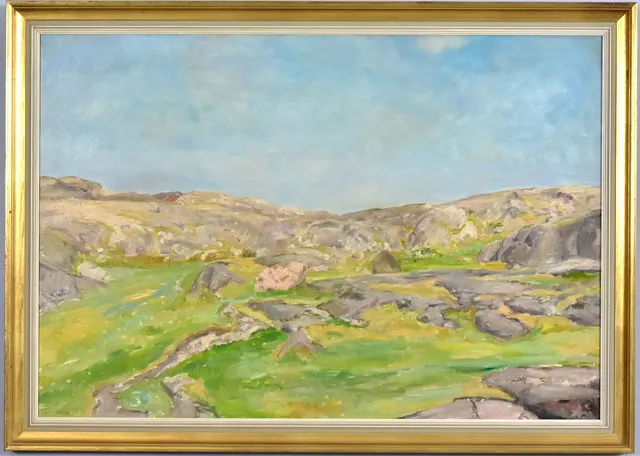 DONALD WILLIAM-OLSSON. oljemålning på pannå, skärgårdsmotiv.