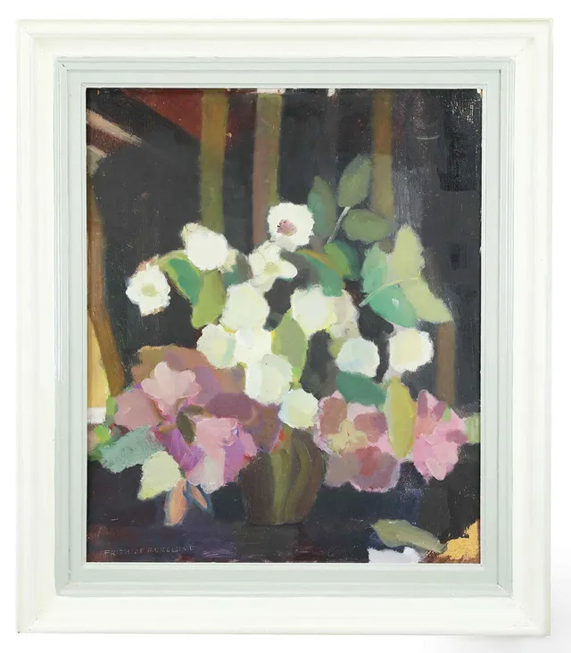 FRITHIOF BERGLUND. Olja på pannå, Blomsterstilleben, signerad.
