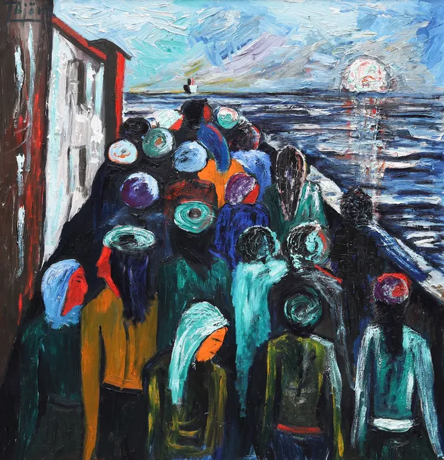 THAGE LUNDSTRÖM-BJÖRN. olja på duk, "Norrtälje i väntan på Finlandsbåten", 120 x 115 cm, signerad T Björn, a tergo daterad 1975.