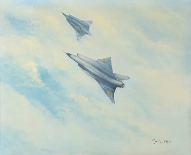 CARL JULIUS. Flygplanet Draken i luften, olja på duk, signerad C Julius.