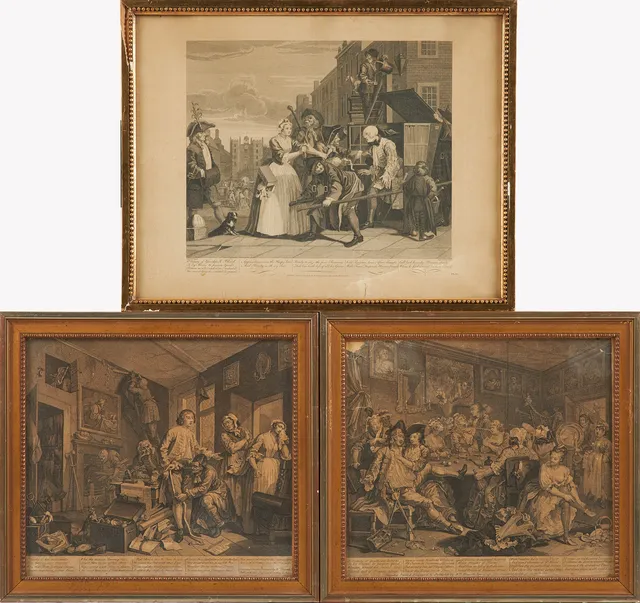 WILLIAM HOGARTH. 3 st, kopparstick, A Rake's Progress, Plate 1 samt Plate 3, June 25, 1735, Plate 4 efter, graverad av Thomas Cook.