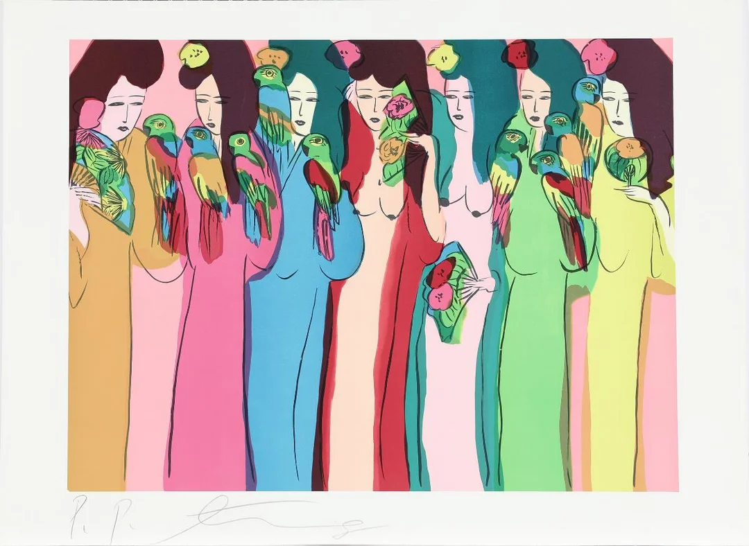 “7 geishas with parrots” and “5 geishas with flowers”. Both signed Ting, P.P. Lithograph in colours. Sheet size 54×74 cm. Unframed. (2) — Modern Prints/Modern art — Bruun Rasmussen