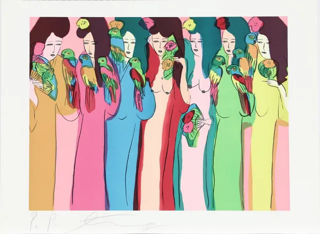 “7 geishas with parrots” and “5 geishas with flowers”. Both signed Ting, P.P. Lithograph in colours. Sheet size 54×74 cm. Unframed. (2)