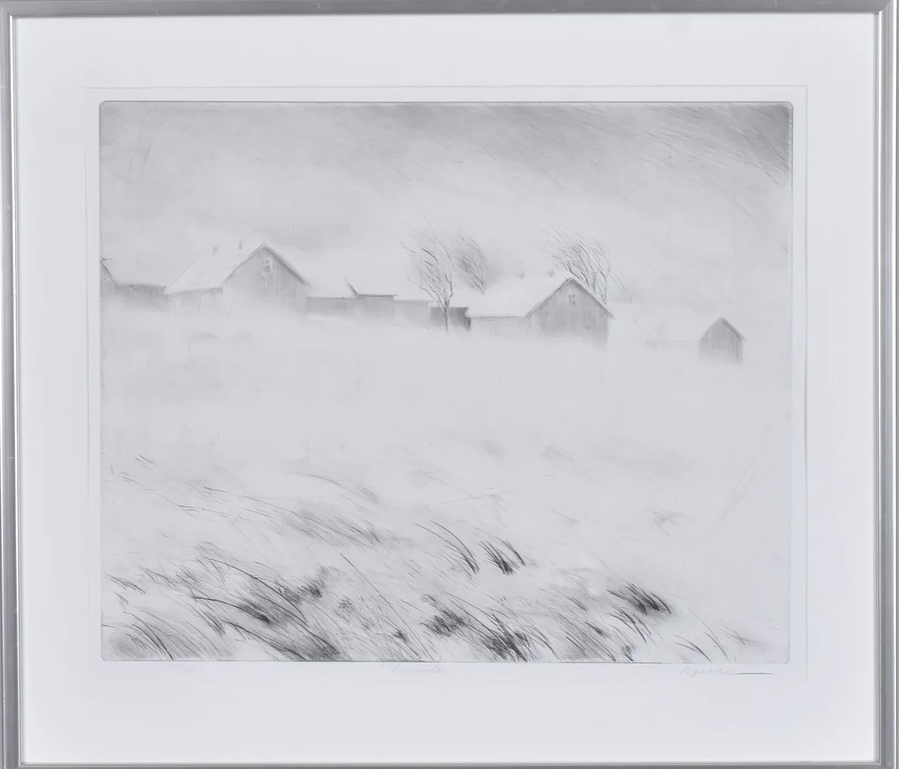 OLLE AGNELL. etsning, "Yrväder". — Engravings & Prints — Halmstads Auktionskammare
