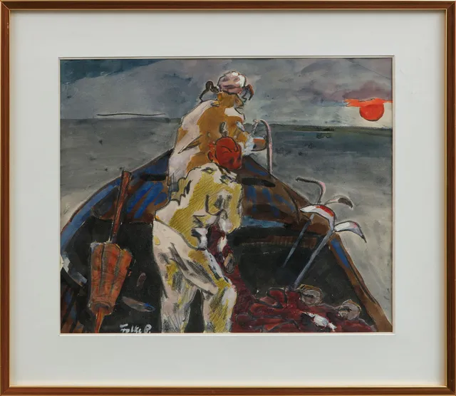 FOLKE PERSSON. Fiskare, blandteknik, signerad.