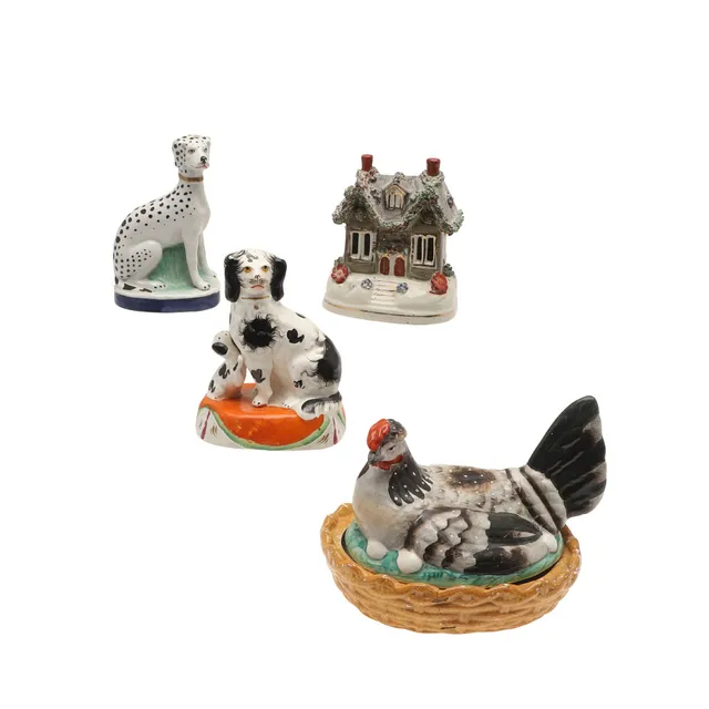 STAFFORDSHIRE HEN TUREEN, PASTILLE BURNER & TWO DOGS.