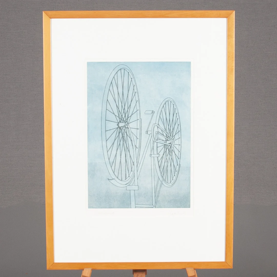 KONRAD KLAPHECK. Akvatint, komposition med cykel, signerad och numrerad probedruck. — Engravings & Prints — Laholms Auktionskammare