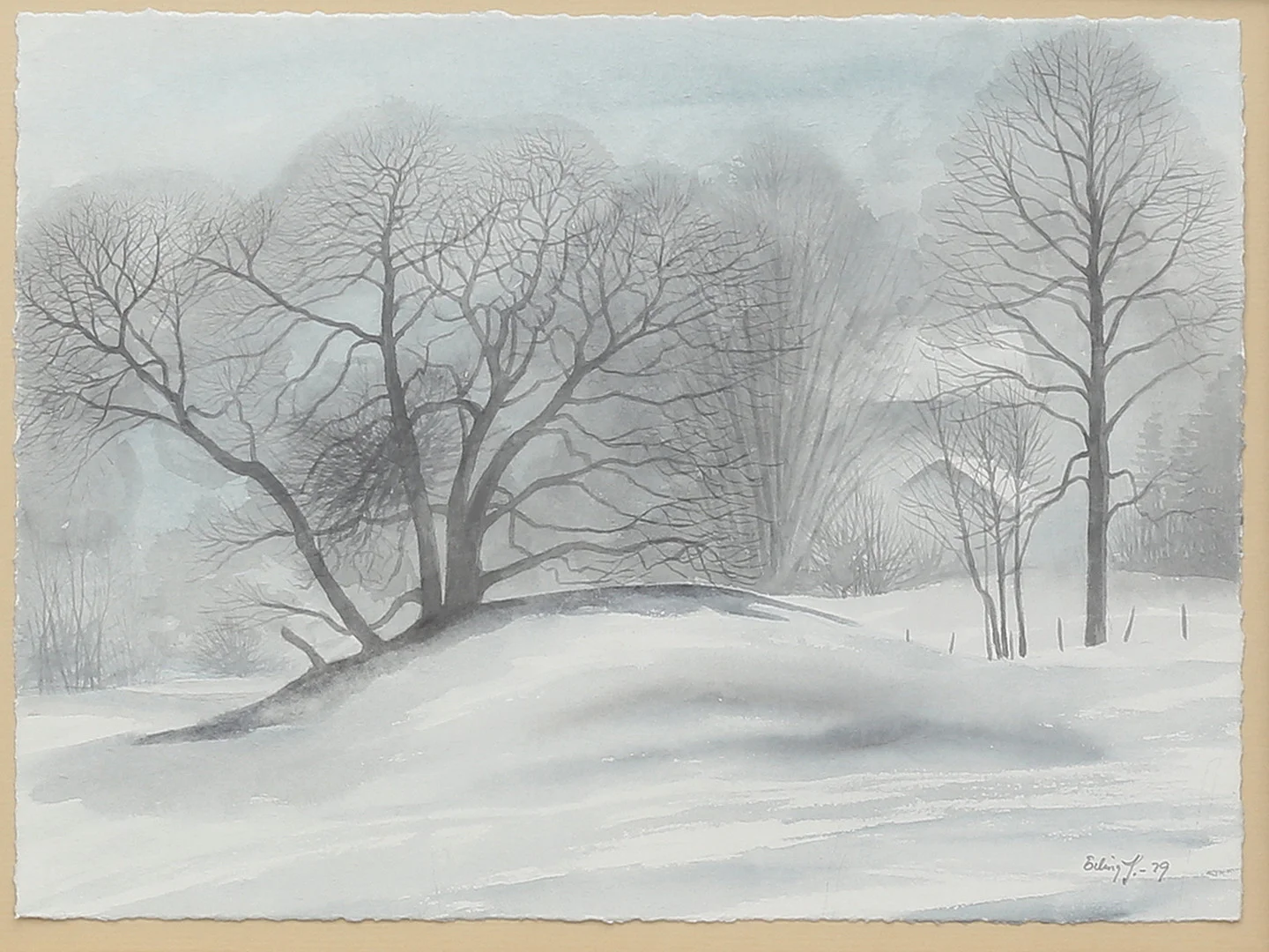 ERLING JOHANSSON. Vinterlandskap. Akvarell, signerad och daterad -79. — Paintings — Auktionshuset Thelin & Johansson