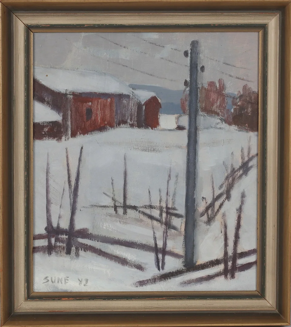 SUNE BLOMQVIST. Vinterbild, olja på pannå, signerad. — Paintings — Stadsauktion Sundsvall