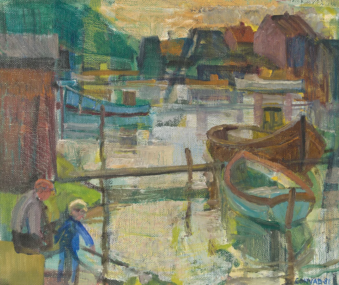 Convad, Annalise — "Indre havn, Køge" 1981 — Kunst/Maleri — Blomqvist