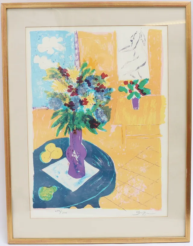 ROLAND K NILSSON. Motiv med blomster, färglitografi, signerad och numrerad.