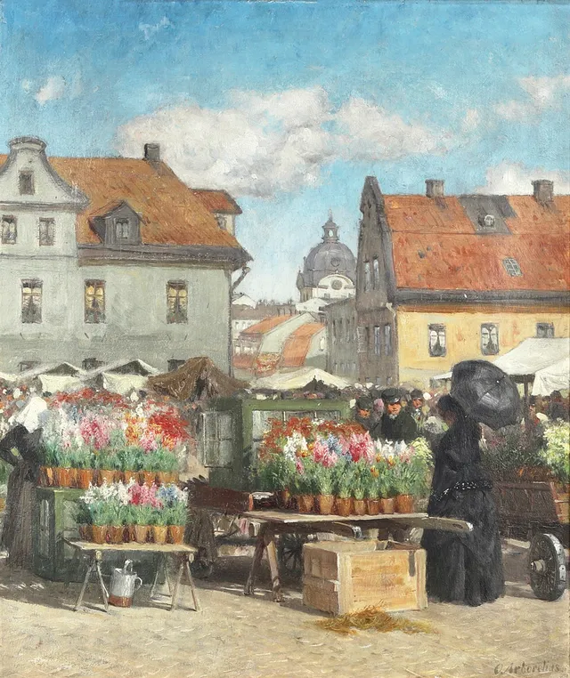OLOF ARBORELIUS (SVERIGE, 1842-1915). Torghandel Stockholm - Norrmalm med Adolf Fredrik kyrka i bakgrunden, signerad O Arborelius, olja på duk, samtida förgylld ram.
