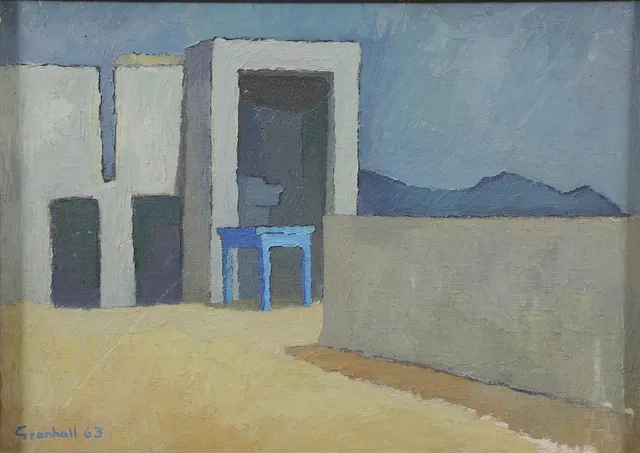ARNE GRANHALL. "Det blå bordet", duk på pannå, signerad.