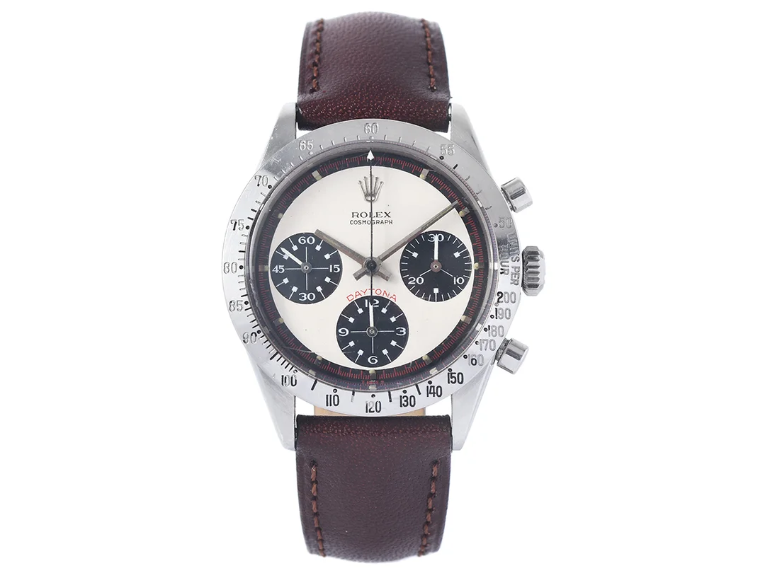 ROLEX, Oyster Cosmograph, Daytona, s.k. "Paul Newman", "2 Line Dial", "Units per hour 50/200", "3rd Gen Bezel", "Pump Push Buttons", Ref nr. 6239, Serie nr. 2048331, Cal Valjoux 722-1, Boett nr. 6242 (C.R.S), kronograf, herrur, 37 mm, stål, manuell, plexiglas, läderband, ca 1969. — Klockor/Rolex — Kaplans