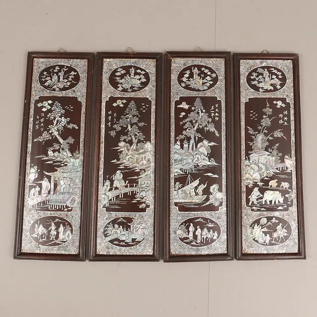 PANELER, 4 stycken, trä, lack och pärlemor. Kina, 1900-tal.