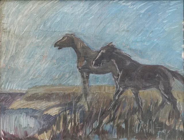 HILDEGARD FALK 1922-1998. OLJA PÅ DUK, HÄSTAR, SIGNERAD.