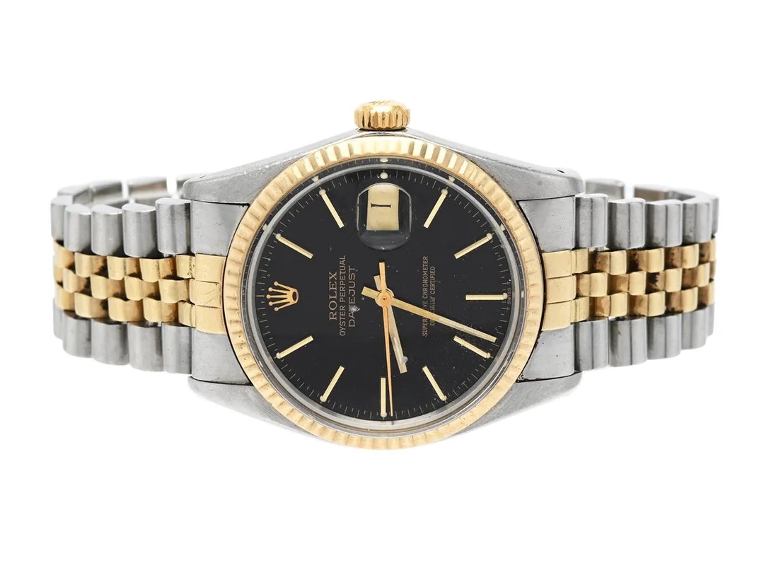 ROLEX, Oyster Perpetual, Datejust (T Swiss T), Chronometer, Ref nr. 16013, Serie nr. 6438047, Cal 3035, Verk nr. 0355843, Boett nr. 16000, herrur, 36 mm, stål/guld, automatisk, plexiglas, datum, defekt (akut servciebehov), Jubileelänk (skadad, se bilder), viklås, Ref nr. 62523H.14-F5/455 J, ca 1981. — Klockor/Rolex — Kaplans