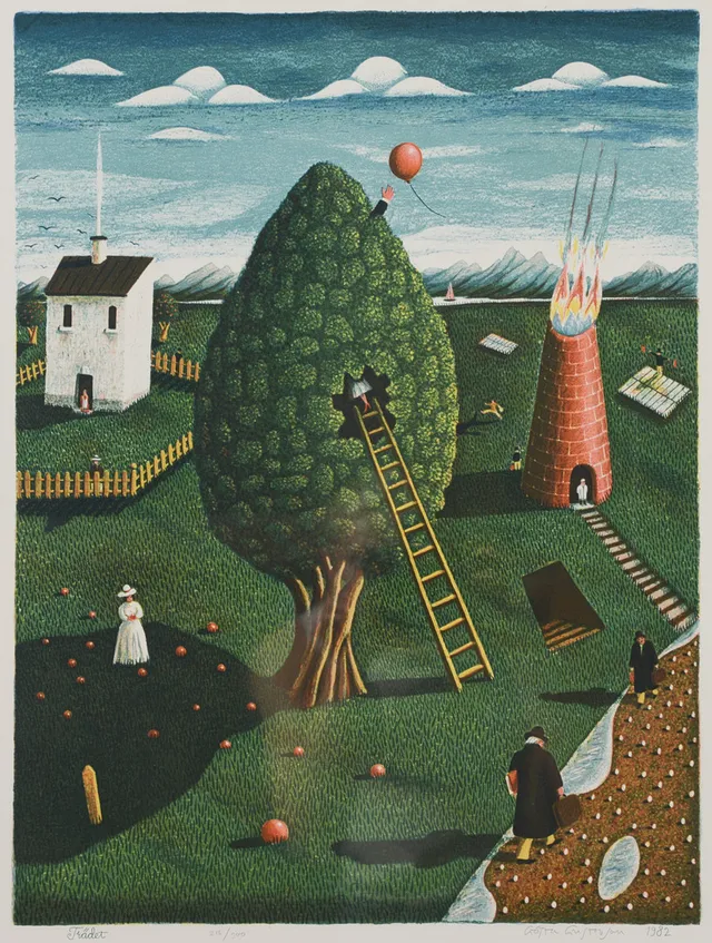 GÖSTA GUSTAVSON. "Trädet", färglitografi, signerad, numrerad 216/300, daterad 1982.