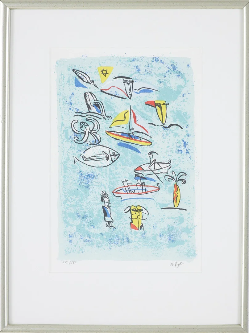 MADELEINE PYK. Komposition med båtar, färglitografi, signerad och numrerad 212/275. — Engravings & Prints — Stockholms Auktionsverk Sickla