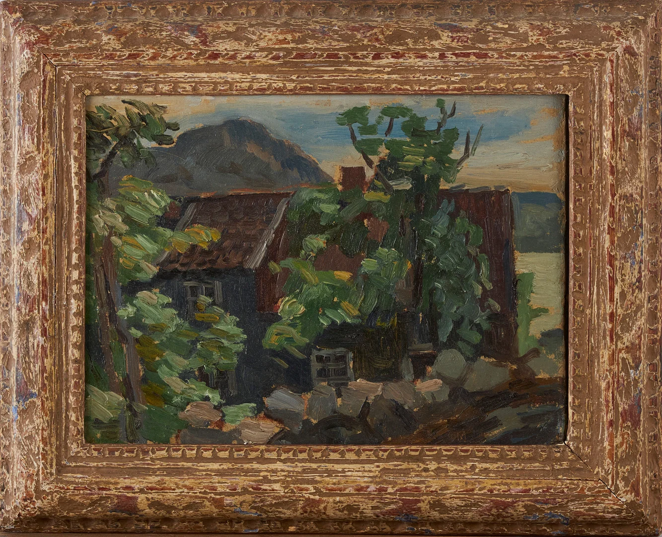 NISSE ZETTERBERG. "Hus i H...", olja på pannå. — Paintings — Stockholms Auktionsverk Magasin 5