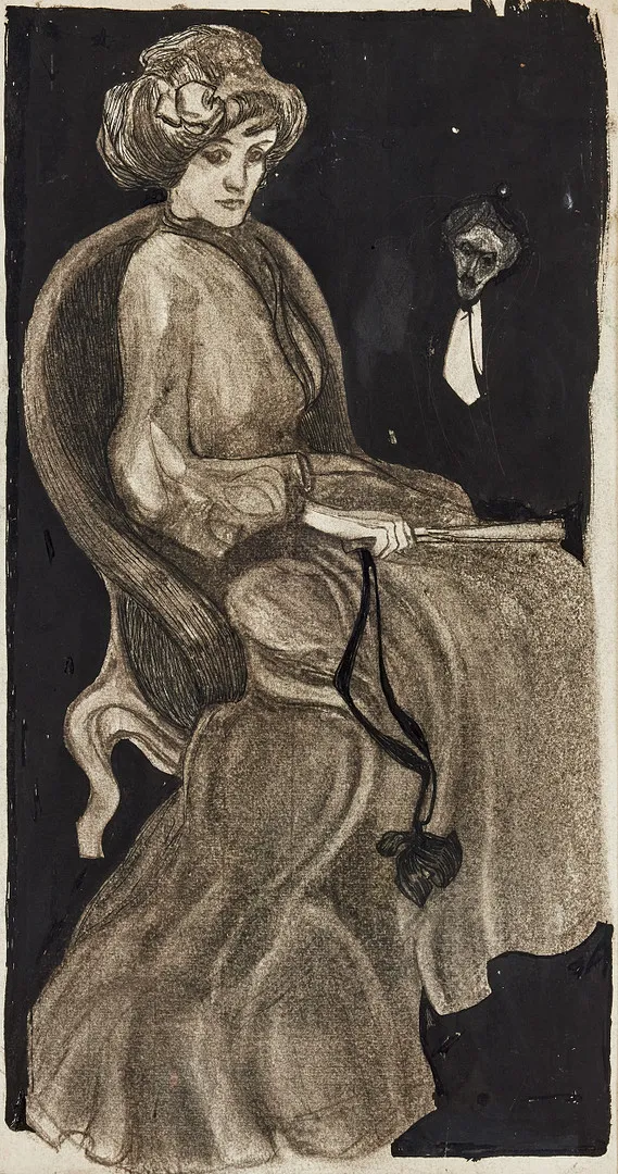 AXEL TÖRNEMAN. Kvinna med solfjäder, akvarell, tusch och blyerts på papper, 48 x 31 cm.
