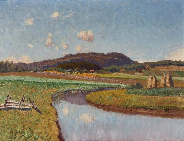 ANTON GENBERG (1862-1939): Motiv från Nordingrå, Ångermanlad, med Järnsta och Vännersta byar i bakgrunden, signerad och daterad A. Genberg 1911, olja på duk.