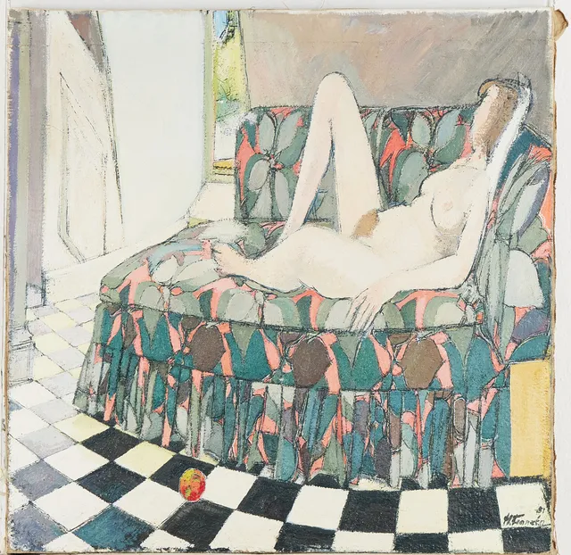HELGE FRANZÉN (1913-2008). Nakenakt i soffa, olja på duk, signerad H Franzén.