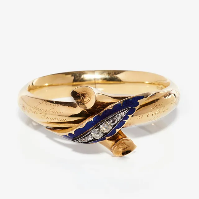 CHRISTIAN HAMMER. A gold, enamel and diamond bangle, Stockholm 1850s. Royal gift from Queen Lovisa of Sweden (1828-1871).
