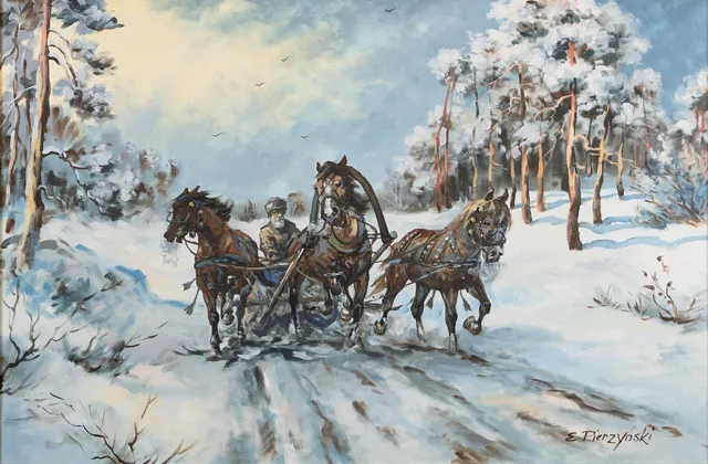 EDWARD PIERZYNSKI. Olja på duk, hästspann i snö, signerad.