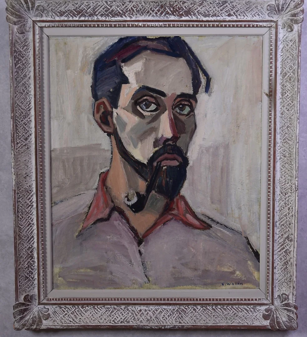 SAM WALLIN. 1915-1992 " Självporträtt Sam Wallin " Till Britta ! " olja på duk, signerad, daterad 1954. — Paintings — Auktionsverket Engelholm