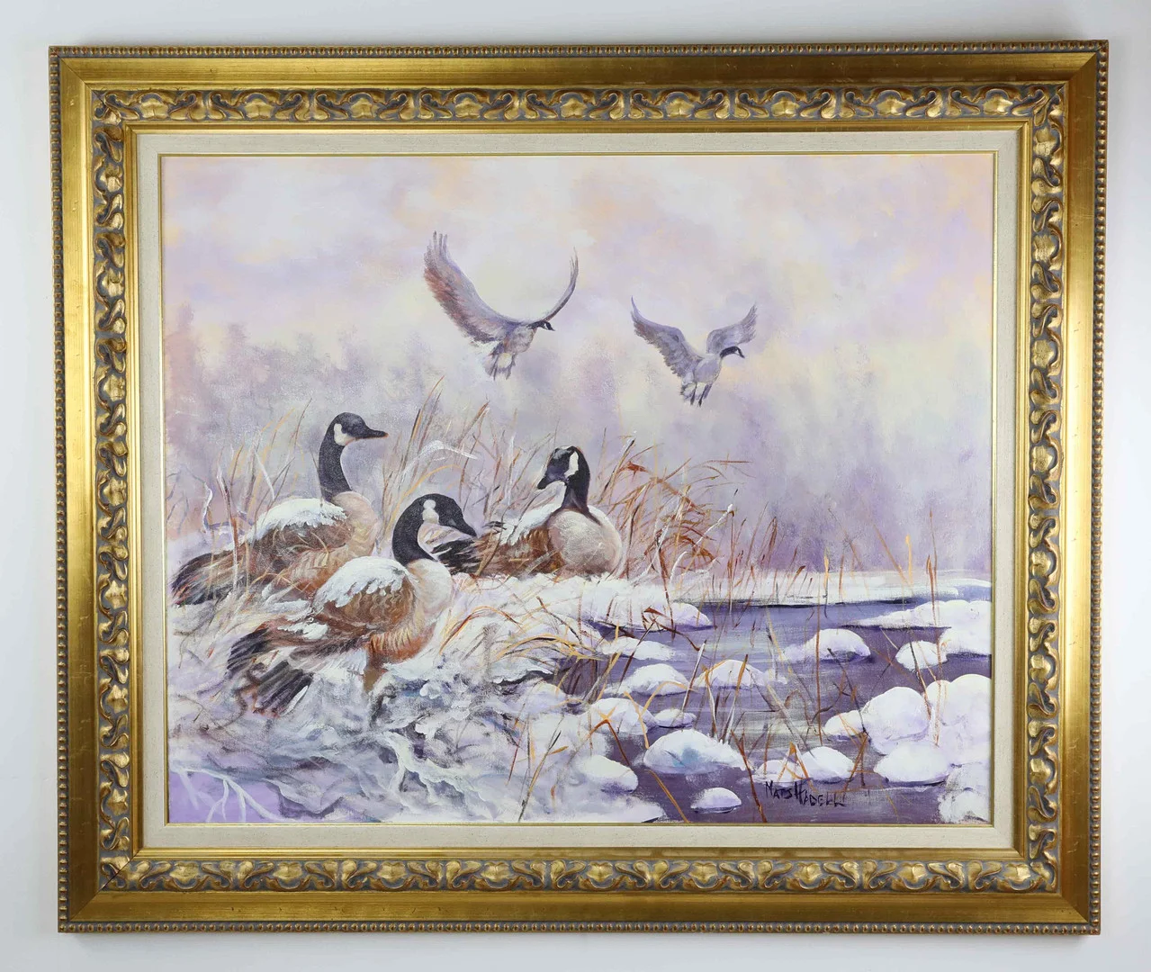 MATS HÅDELL. Olja på duk, Gäss och svanar i vårvinter, signerad. — Paintings — Hälsinglands Auktionsverk