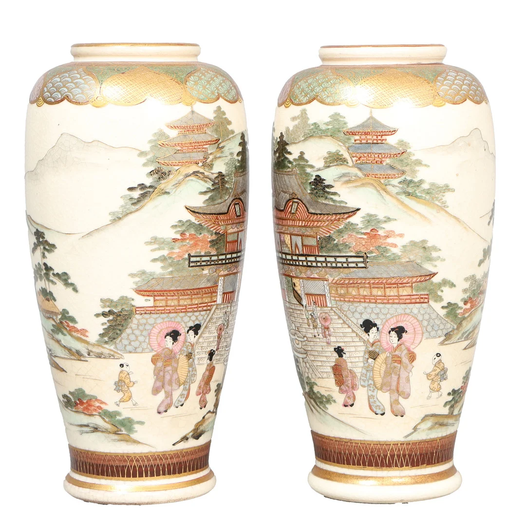A PAIR JAPANESE MEIJI PERIOD SATSUMA VASES IN THE MANNER OF KINKOZAN. — Ceramics & Porcelain — Bishop & Miller