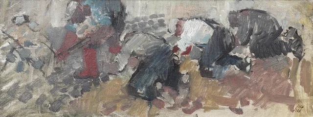 GÖSTA STAWÅSEN. "Stenläggningen Järnvägsgatan - Allégatan", Borås. Olja på duk, signerad à tergo.