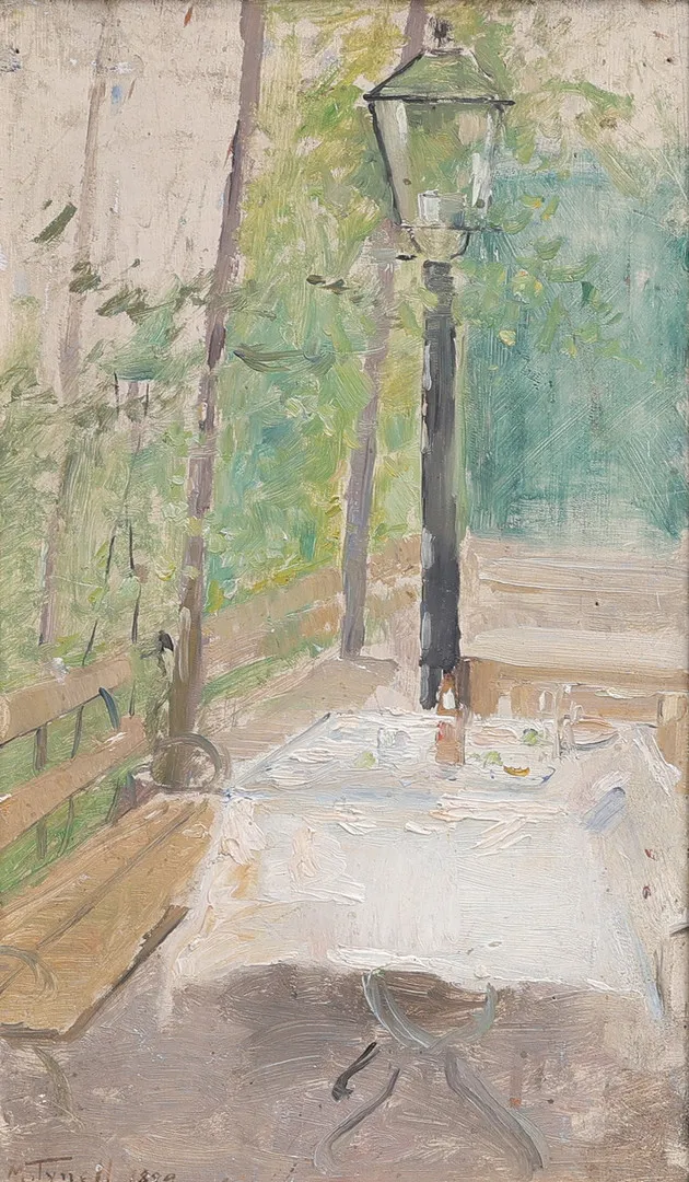 MÄRTHA TYNELL. OLJA PÅ TRÄPANNÅ, "SEXAN SERVERAD", SIGNERAD OCH DATERAD 1889.