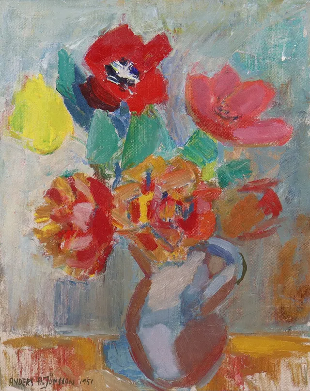 ANDERS A. JÖNSSON. olja på duk, blomsterstilleben.