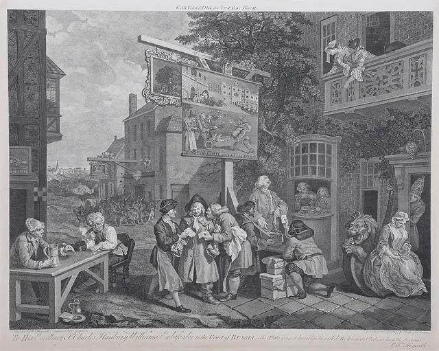 WILLIAM HOGARTH. 'The Election', 1-4, serie om 4 blad, gravyr, 1755, 1757-1758.