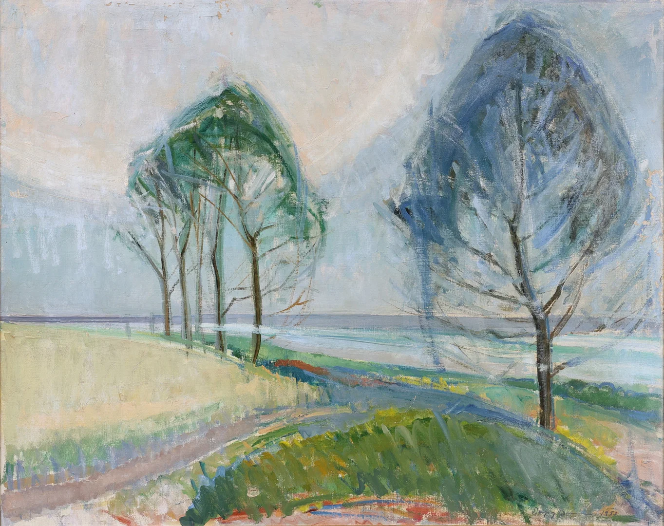 DAGNY LARSSON (1912-2006). Kustmotiv med träd, olja på duk, signerad, daterad 1953. — Paintings — Garpenhus Auktioner