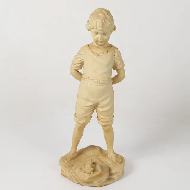 PER  HASSELBERG. EFTER. Figurin, parian, "Pojken och grodan", Gustavsberg, 1899.