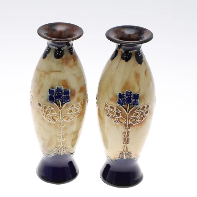 A PAIR OF VICTORIAN DOULTON LAMBETH POTTERY VASES.