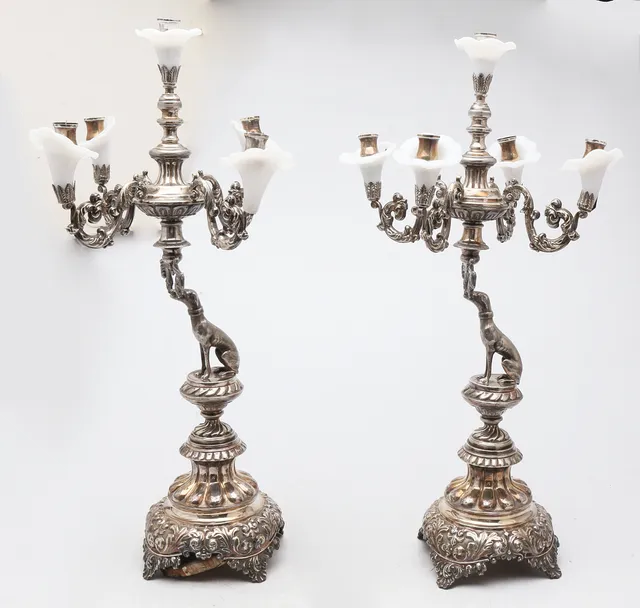 PAIR of Elizabethan candlesticks in silver with opal glass shades, circa 1860.