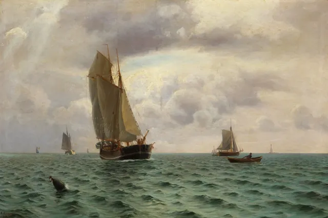 Holger Lübbers. Marine scene with sailing ships and rowing boats, 1901