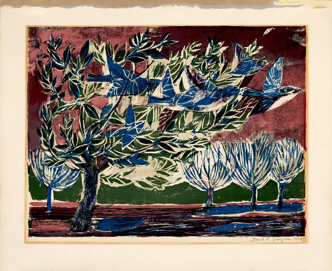 Gauguin, Paul René — Fugler over landskap, 1950 — Kunst/Grafikk — Blomqvist