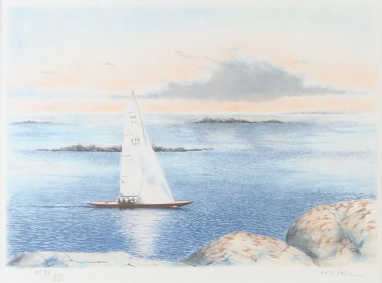 TORE PALM. Litografi, HC XX/XXV. Segelbåt till havs. Signerad. — Engravings & Prints — Skånes Auktionsverk